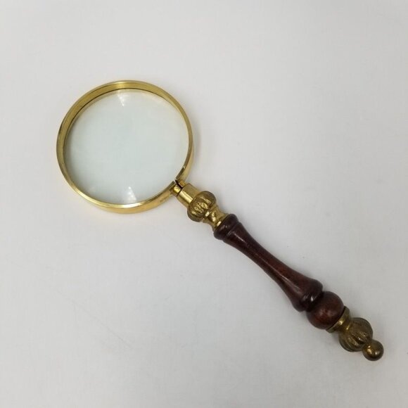 Vintage Magnifying Glass Lens Design Wooden Handle Brass Made India 3” - Picture 1 of 10